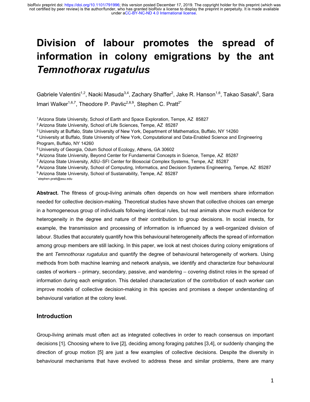 Division of Labour Promotes the Spread of Information in Colony Emigrations by the Ant Temnothorax Rugatulus