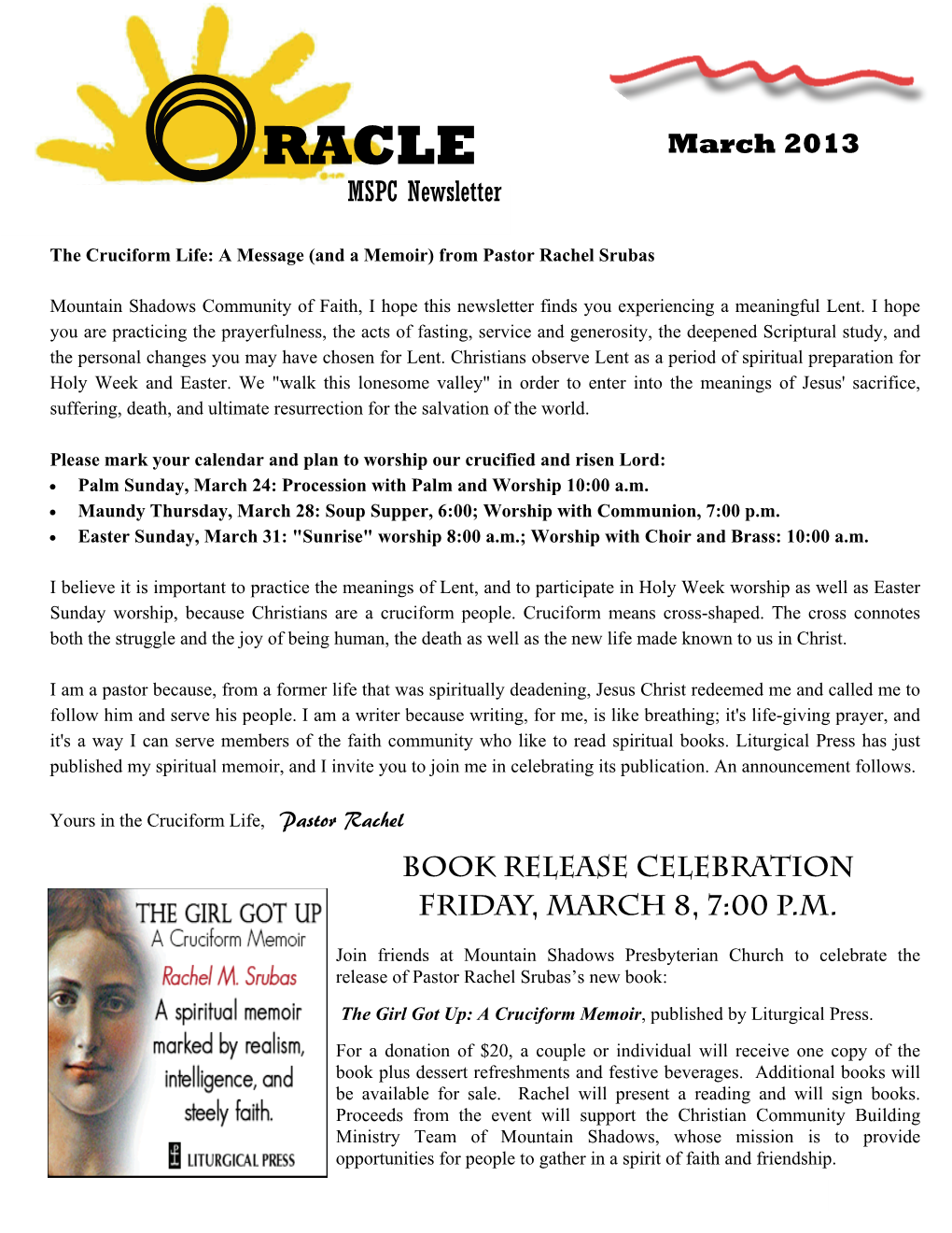 MSPC Newsletter March 2013 BOOK RELEASE CELEBRATION Friday