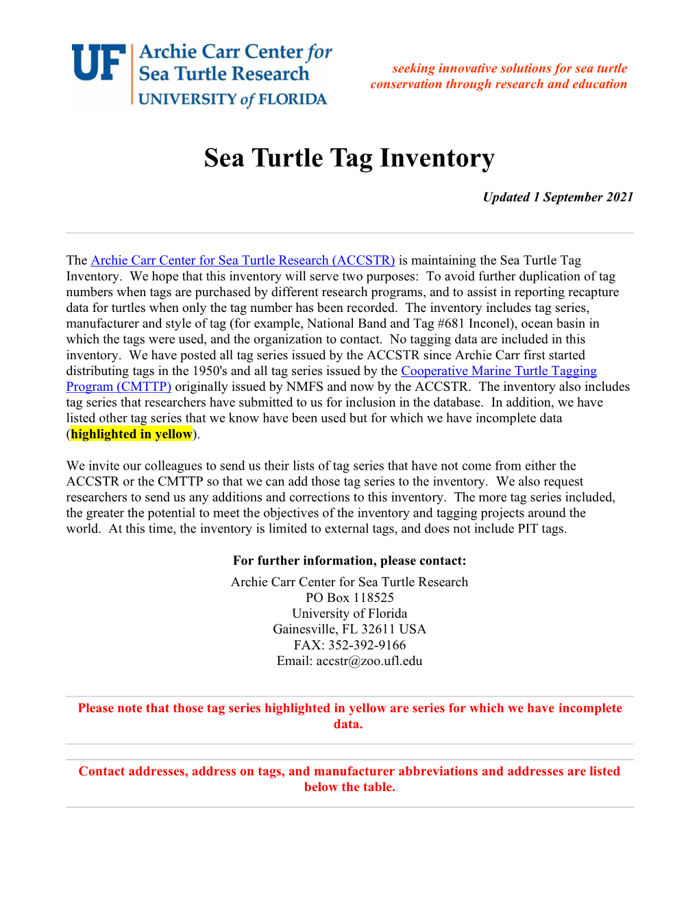 Sea Turtle Tag Inventory