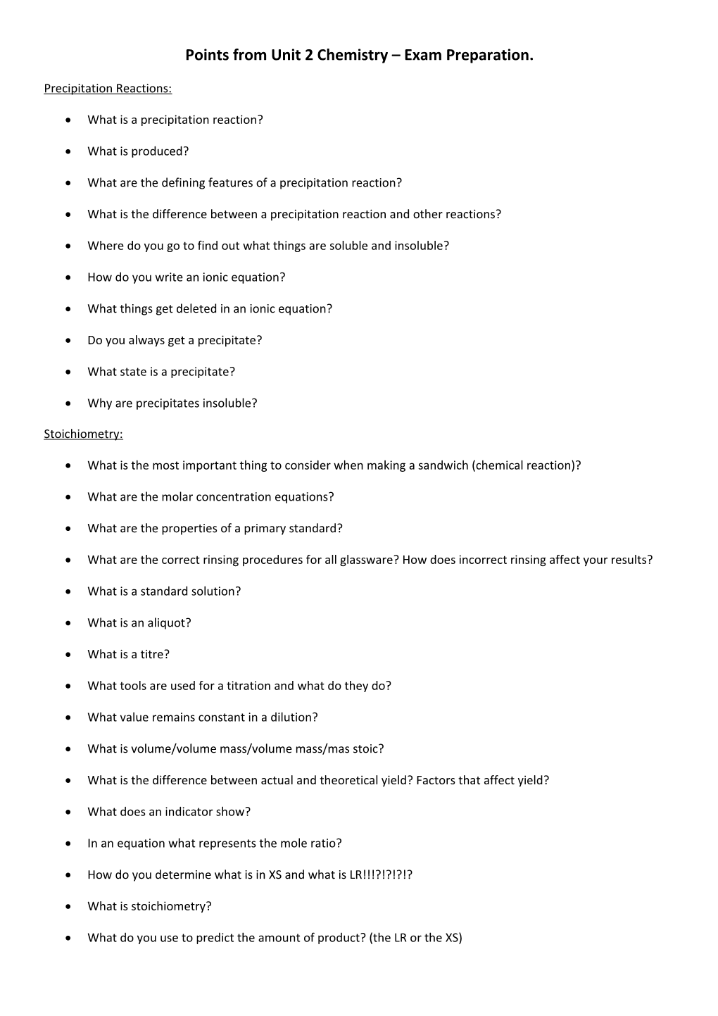 Points from Unit 2 Chemistry Exam Preparation