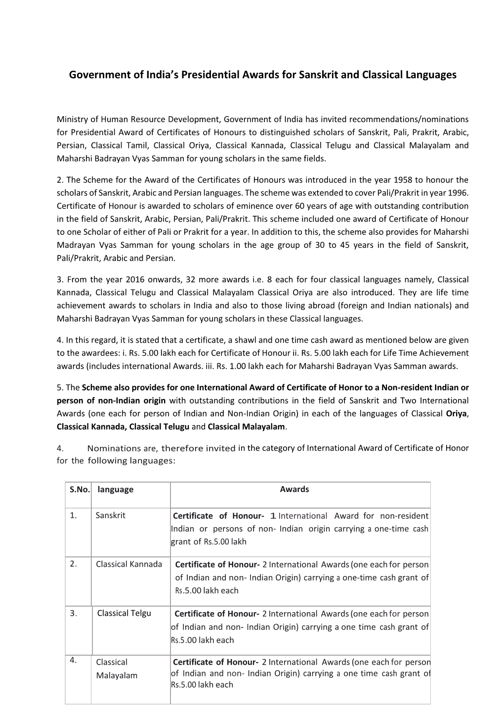 Government of India's Presidential Awards for Sanskrit and Classical