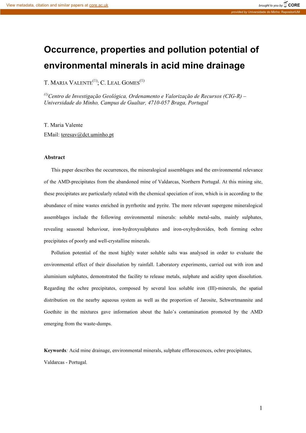 Occurrence, Properties and Pollution Potential of Environmental Minerals in Acid Mine Drainage