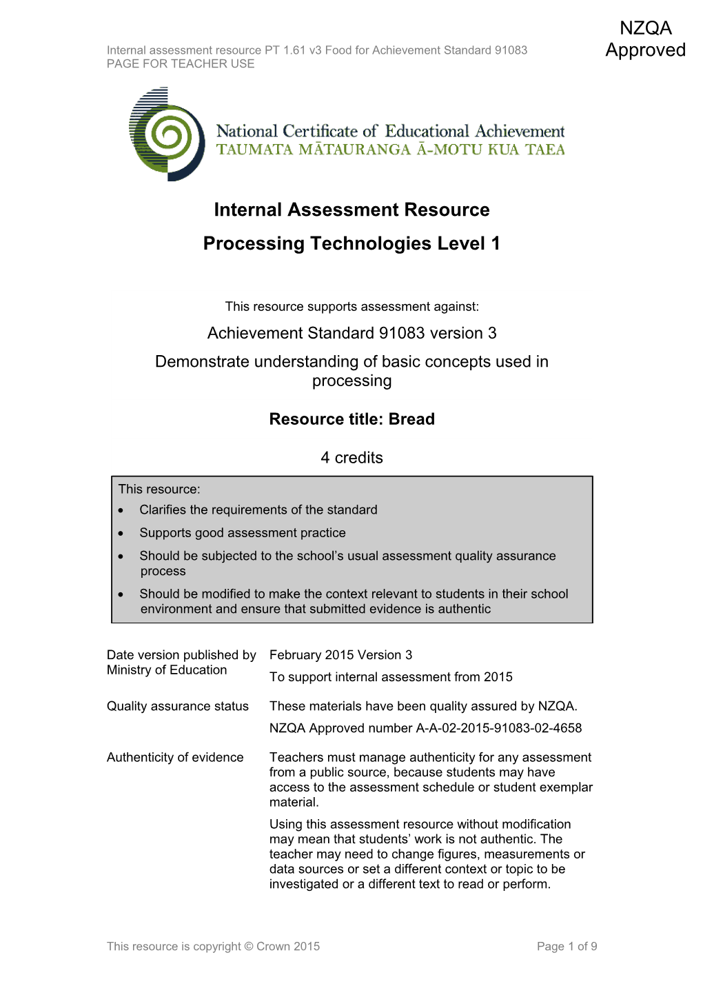 Level 1 Processing Technologies Internal Assessment Resource