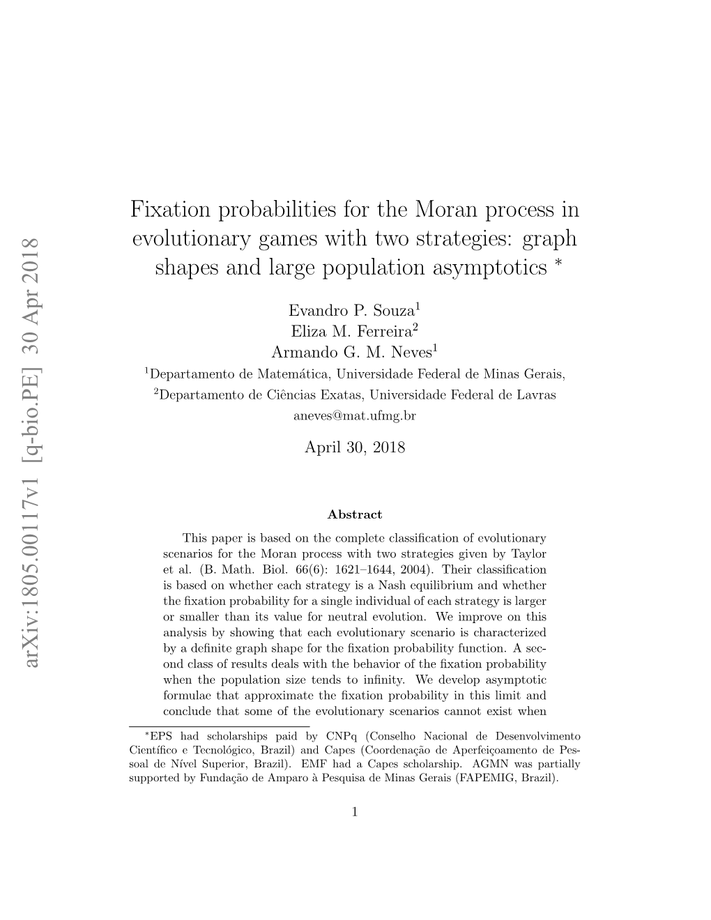 Fixation Probabilities for the Moran Process in Evolutionary Games with Two Strategies: Graph Shapes and Large Population Asymptotics ∗