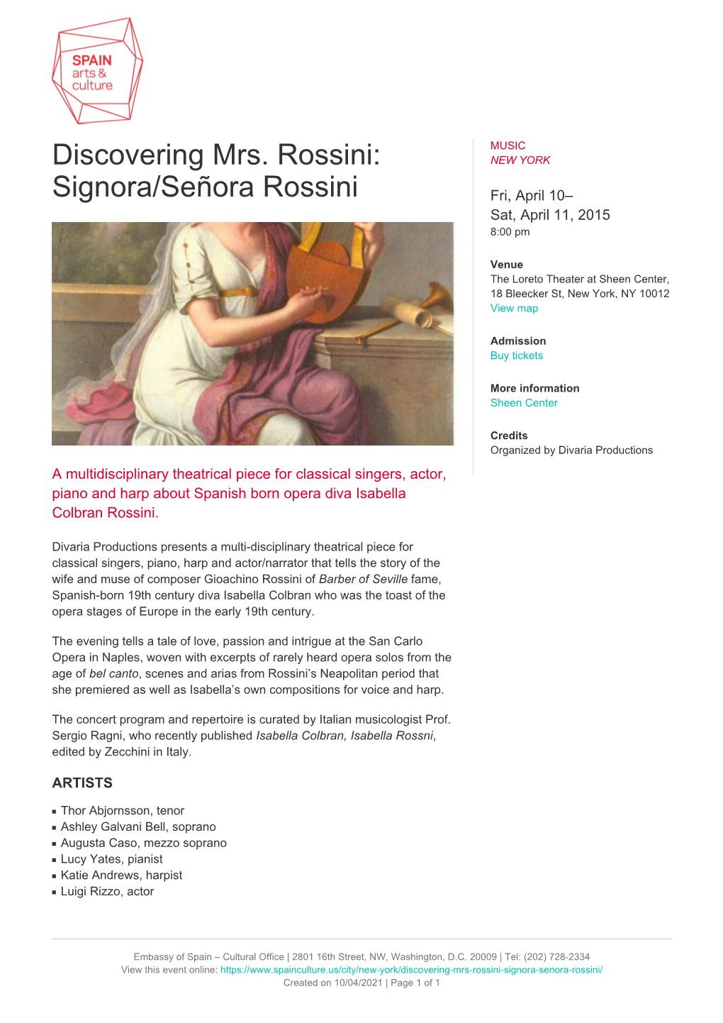 Signora/Señora Rossini Fri, April 10– Sat, April 11, 2015 8:00 Pm