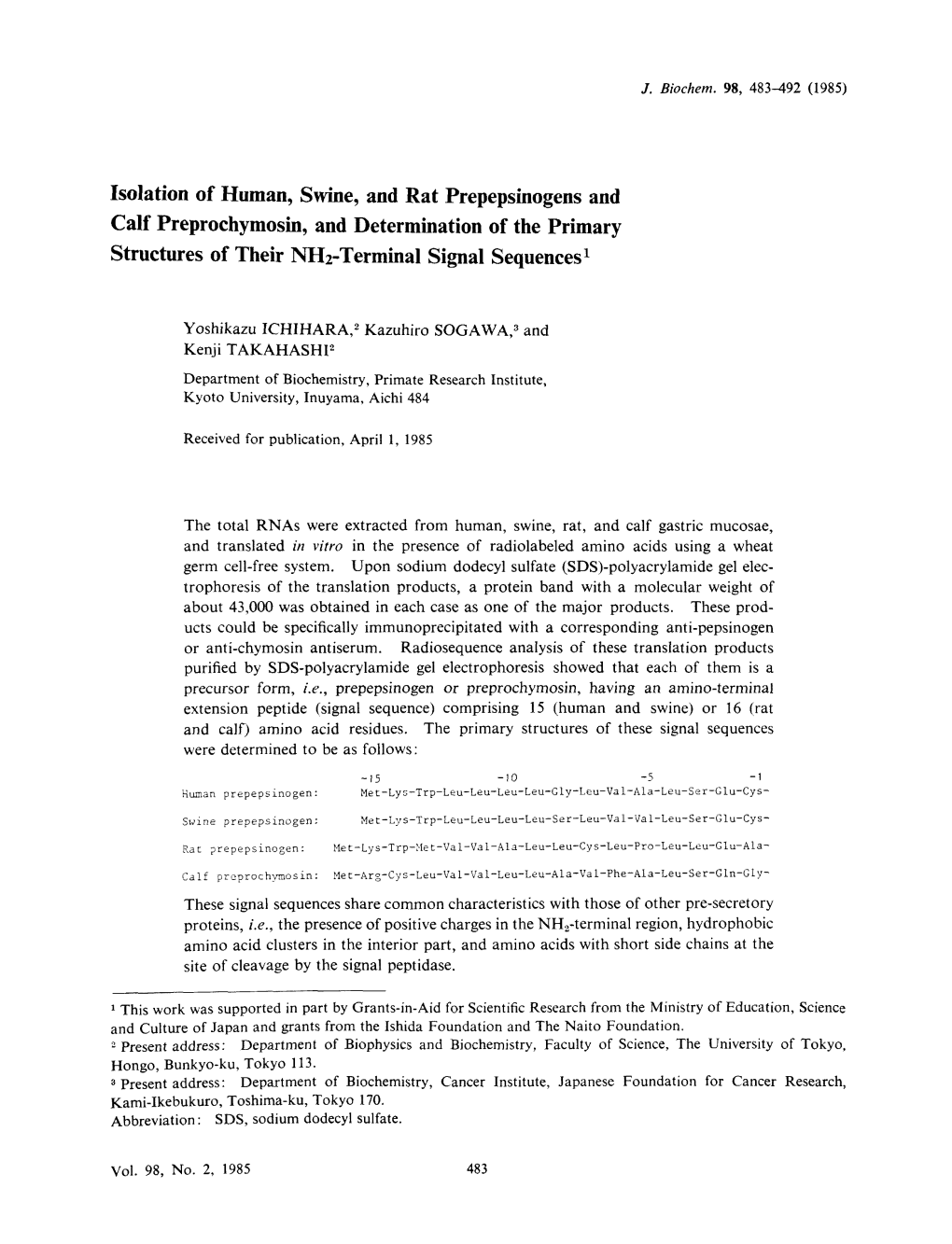 Isolation of Human, Swine, and Rat Prepepsinogens and Calf Preprochymosin, and Determination of the Primary Structures of Their NH2-Terminal Signal Sequences