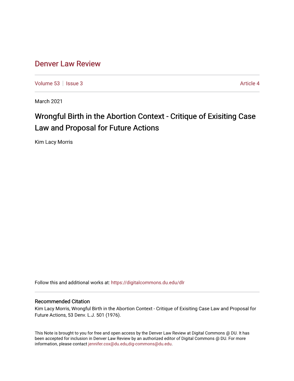 Wrongful Birth in the Abortion Context - Critique of Exisiting Case Law and Proposal for Future Actions