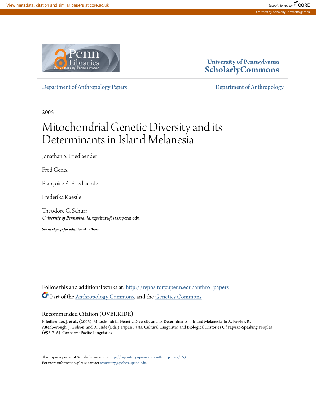 Mitochondrial Genetic Diversity and Its Determinants in Island Melanesia Jonathan S