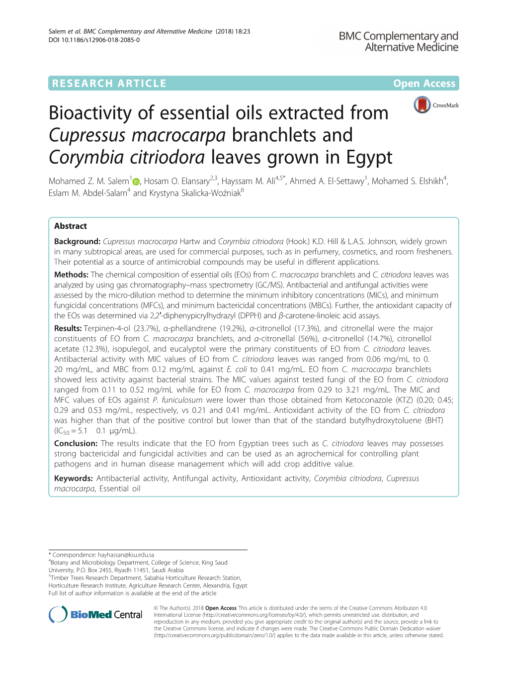 Bioactivity of Essential Oils Extracted from Cupressus Macrocarpa Branchlets and Corymbia Citriodora Leaves Grown in Egypt Mohamed Z