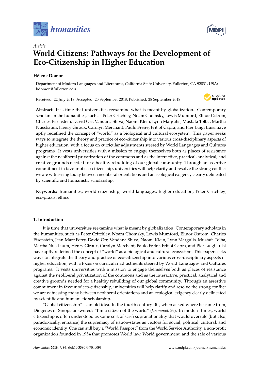 Pathways for the Development of Eco-Citizenship in Higher Education