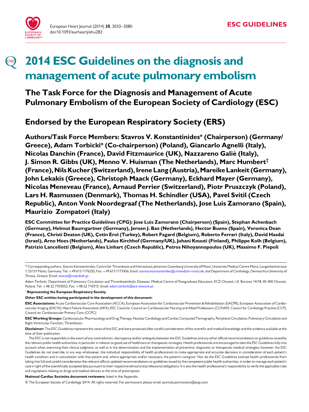 2014 ESC Guidelines on the Diagnosis and Management Of