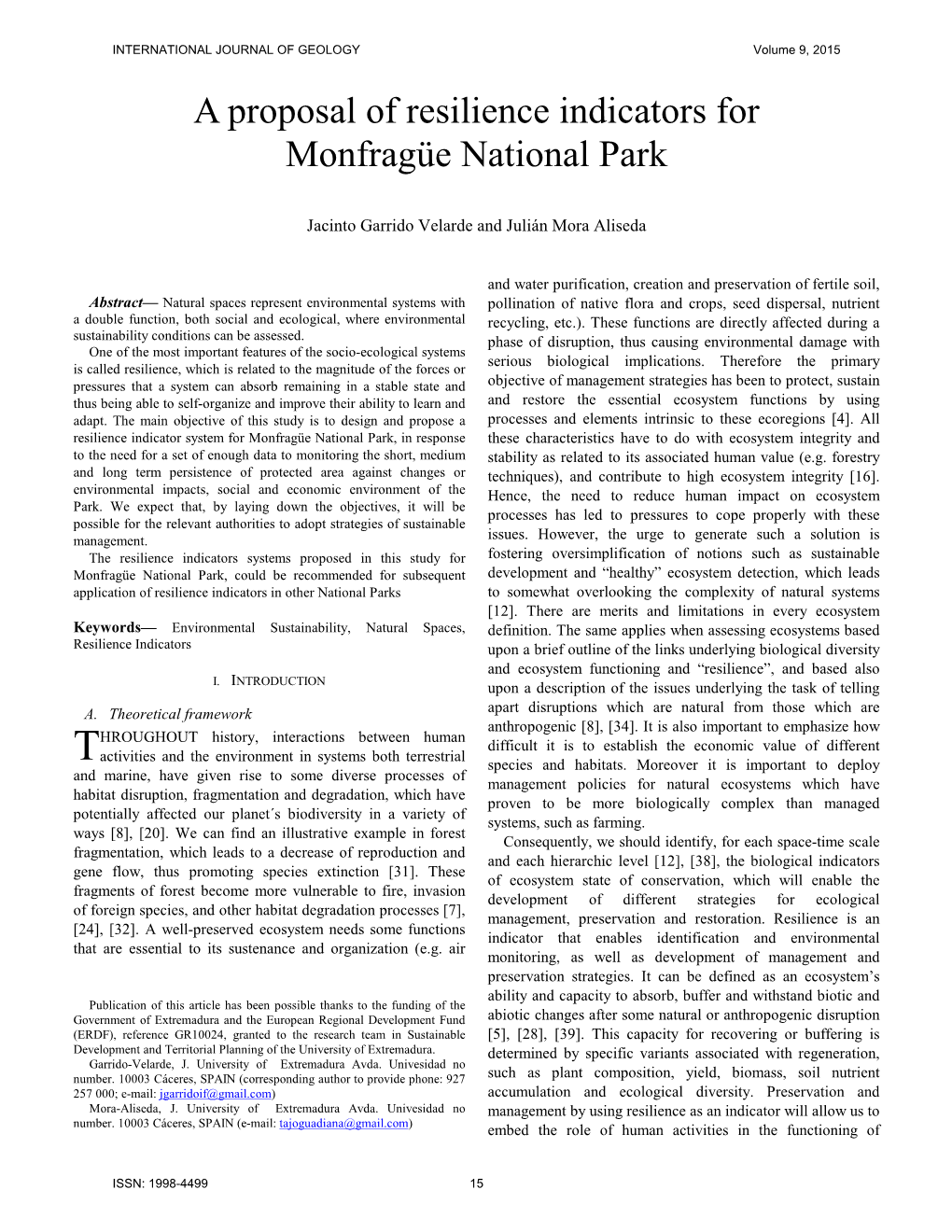 A Proposal of Resilience Indicators for Monfragüe National Park