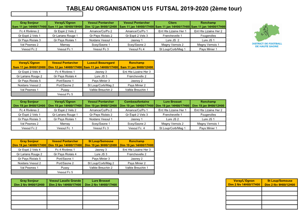 TABLEAU ORGANISATION U15 FUTSAL 2019-2020 (2Ème Tour)