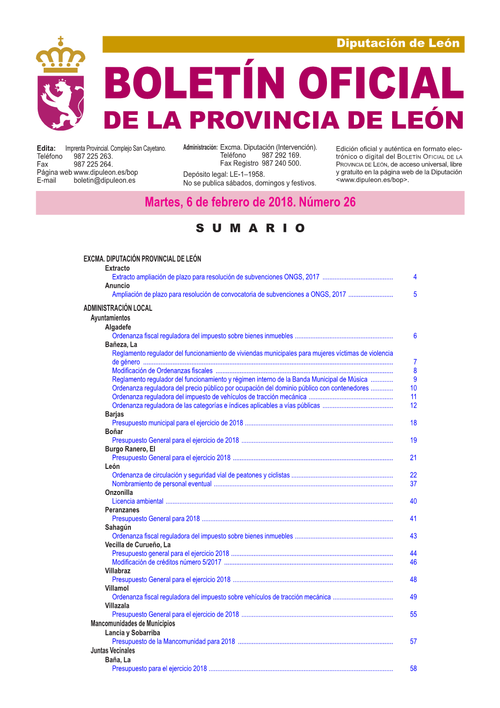 BOLETÍN OFICIAL DE LA PROVINCIA DE LEÓN Edita: Imprenta Provincial