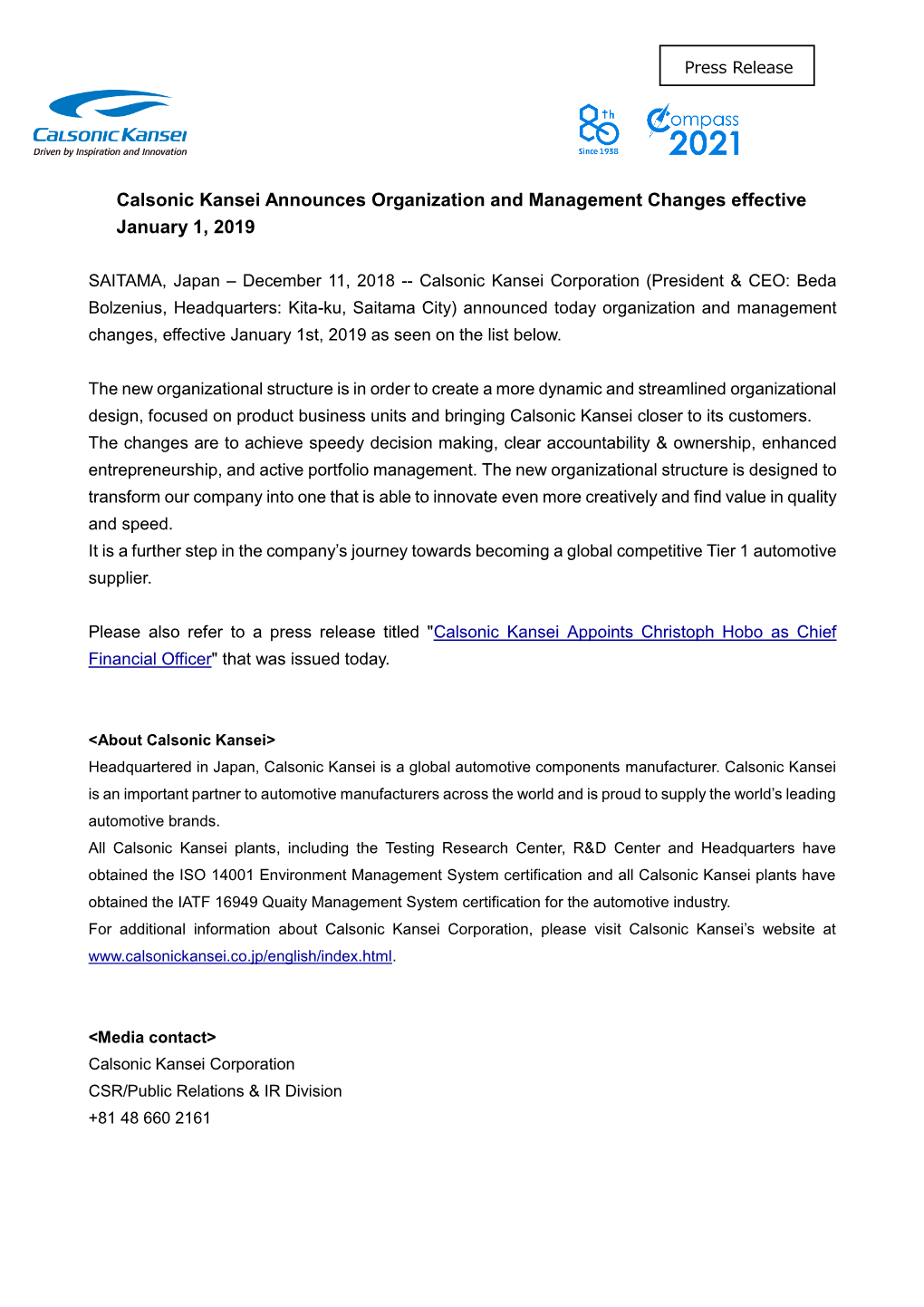 Calsonic Kansei Announces Organization and Management Changes Effective January 1, 2019