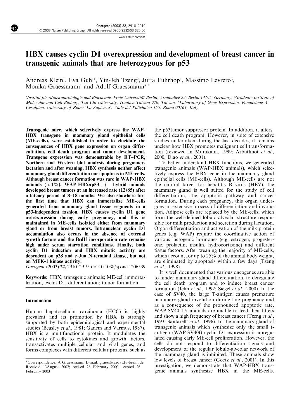 HBX Causes Cyclin D1 Overexpression and Development of Breast Cancer in Transgenic Animals That Are Heterozygous for P53