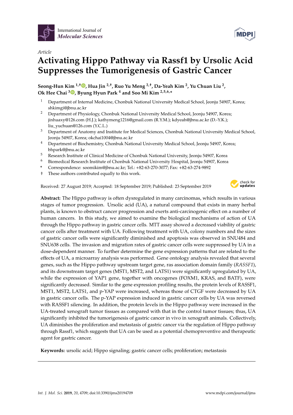 Activating Hippo Pathway Via Rassf1 by Ursolic Acid Suppresses the Tumorigenesis of Gastric Cancer