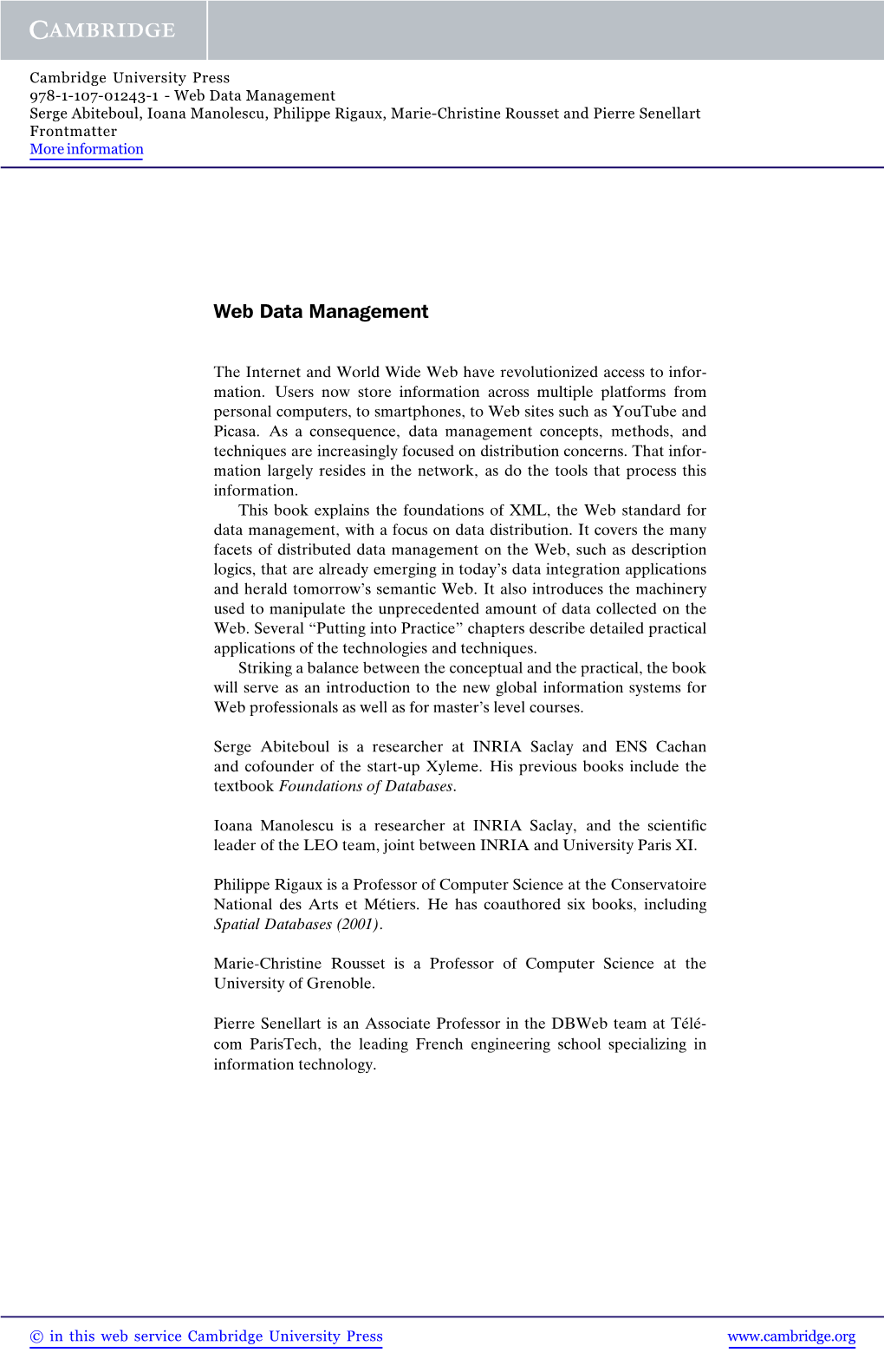 Web Data Management Serge Abiteboul, Ioana Manolescu, Philippe Rigaux, Marie-Christine Rousset and Pierre Senellart Frontmatter More Information