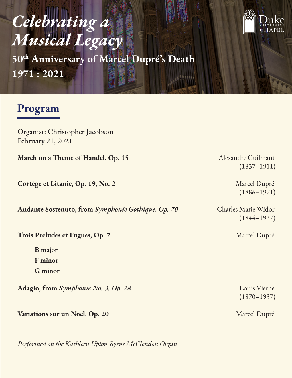 Celebrating a Musical Legacy 50Th Anniversary of Marcel Dupré’S Death 1971 : 2021