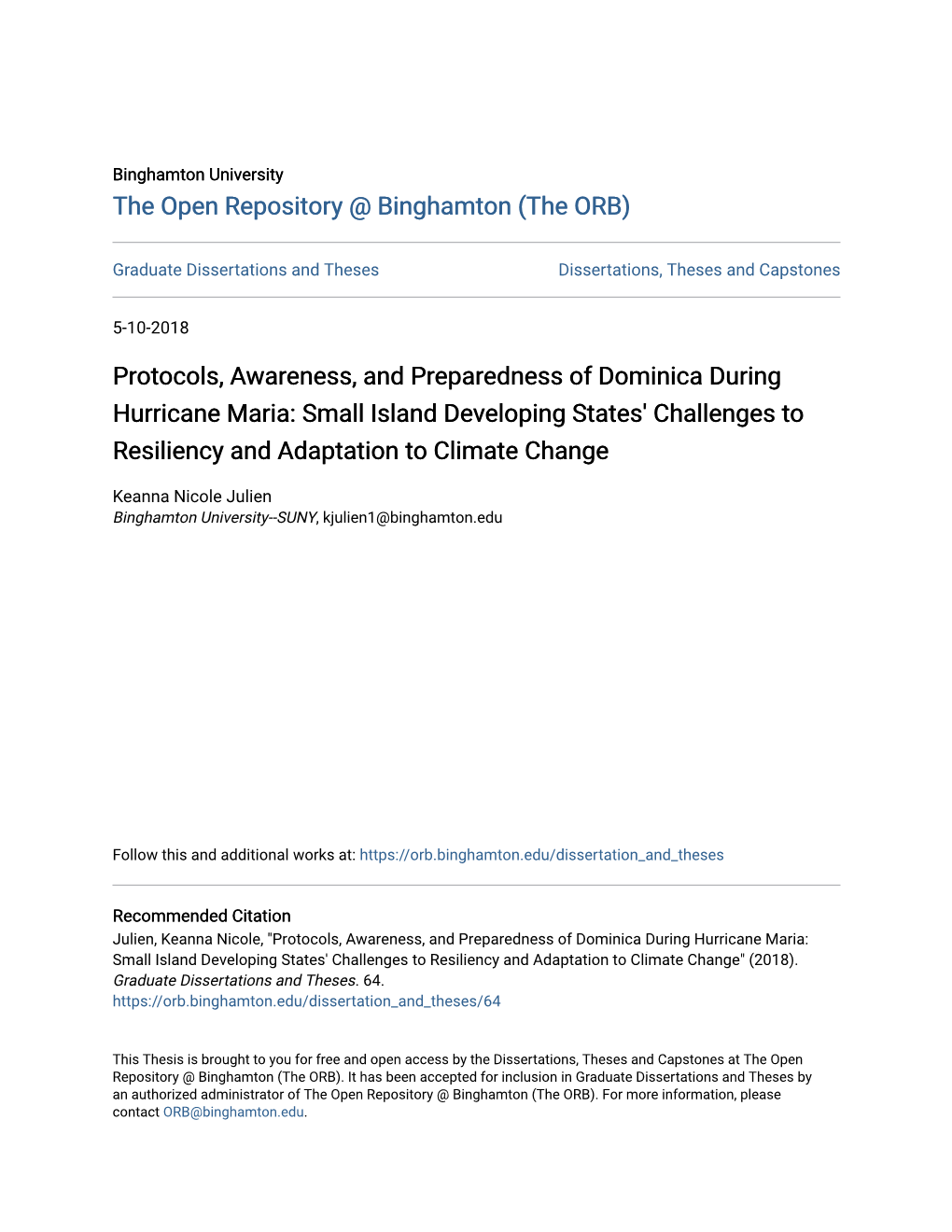 Protocols, Awareness, and Preparedness of Dominica During Hurricane Maria: Small Island Developing States' Challenges to Resiliency and Adaptation to Climate Change