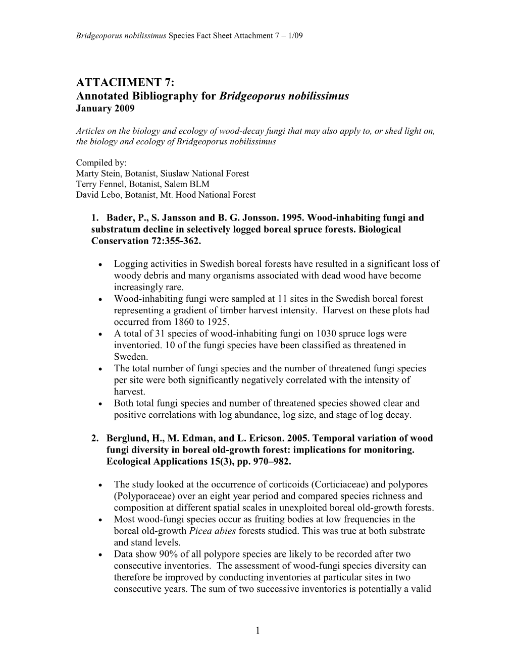 Annotated Bibliography for Bridgeoporus Nobilissimus January 2009