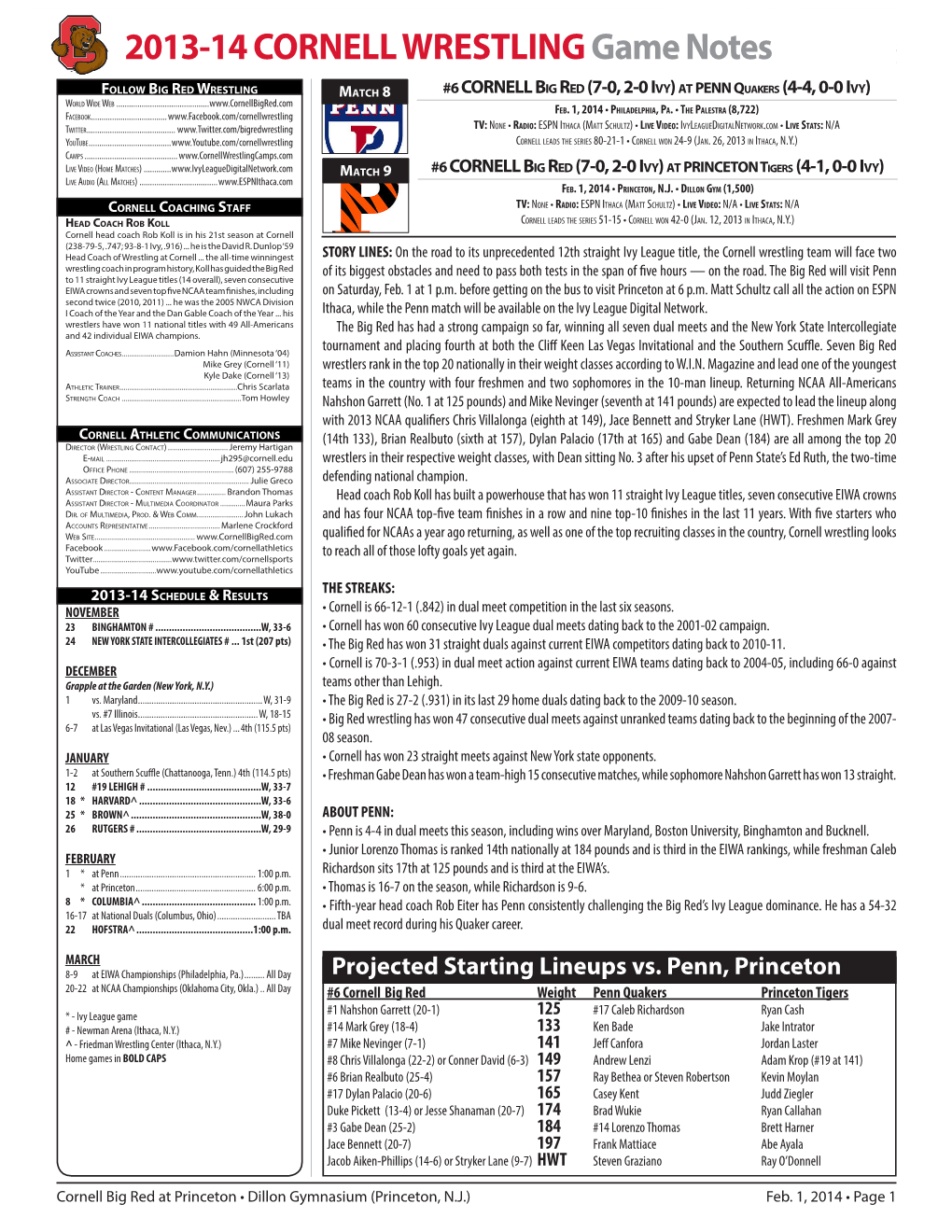 2013-14 CORNELL Wrestlinggame Notes