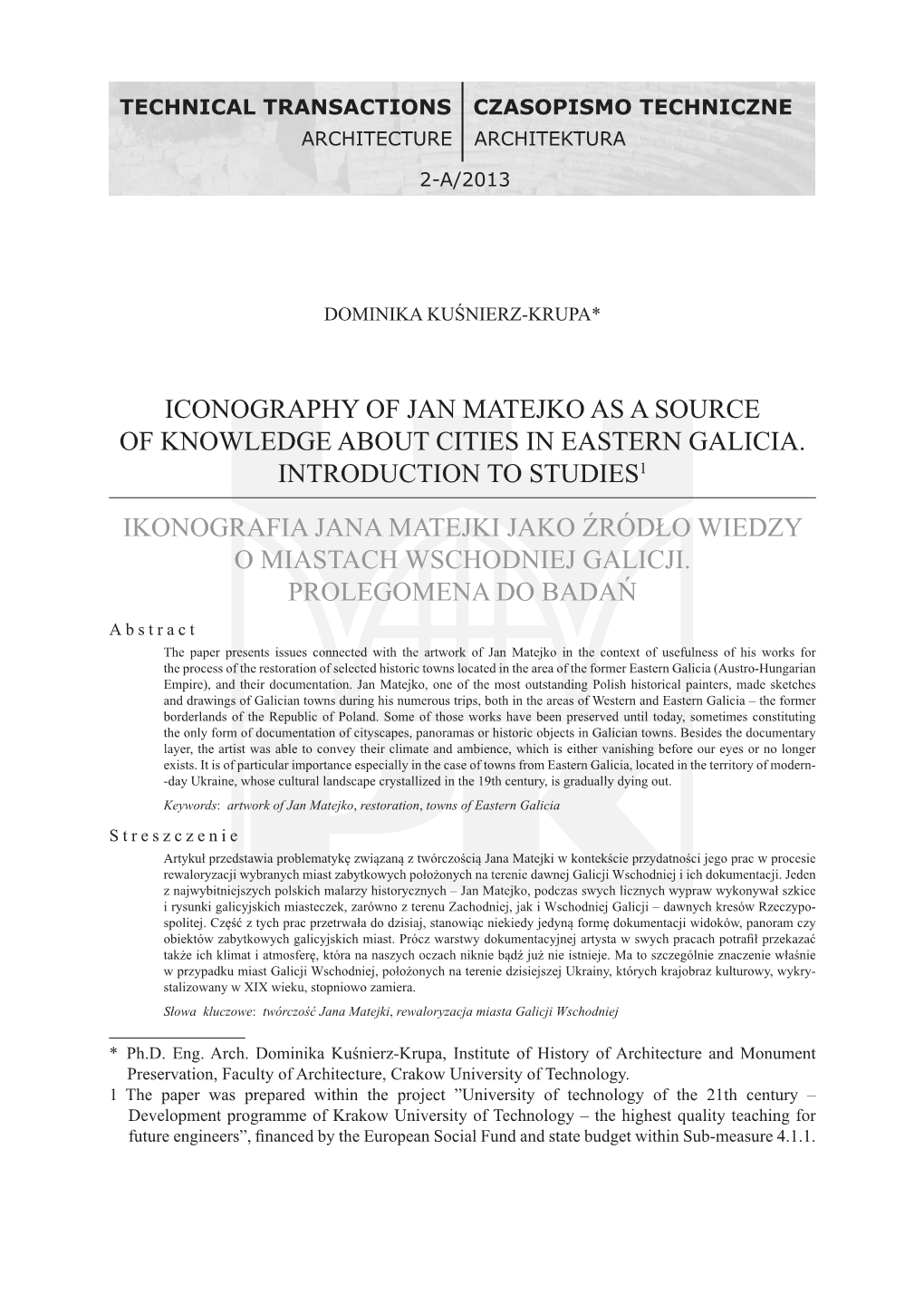 Iconography of Jan Matejko As a Source of Knowledge About Cities in Eastern Galicia