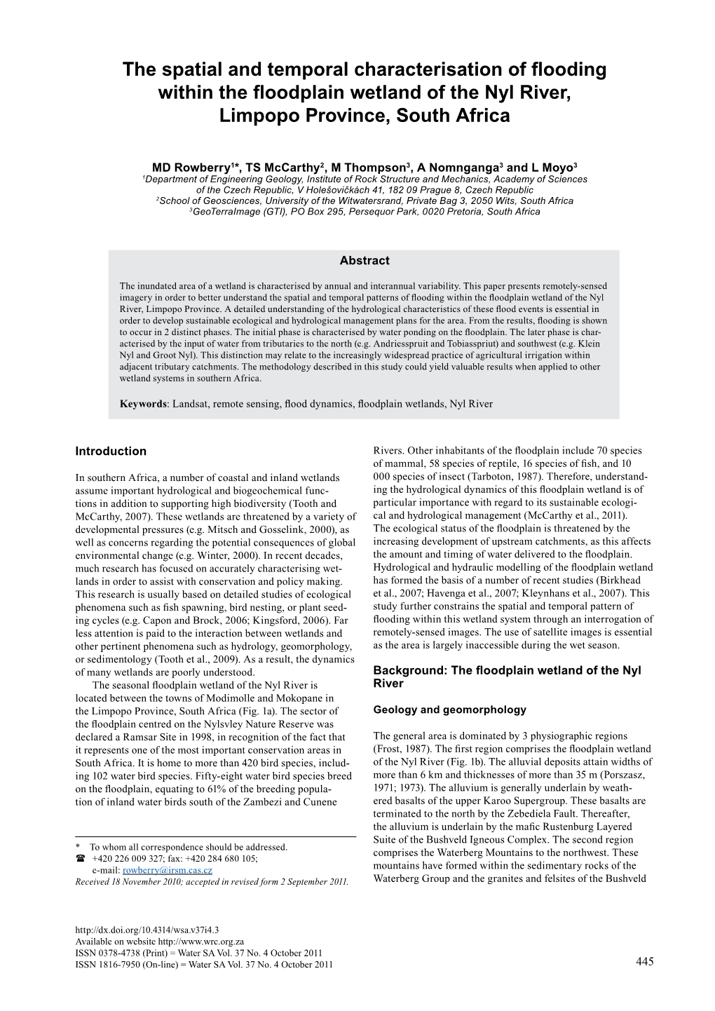 The Spatial and Temporal Characterisation of Flooding Within the Floodplain Wetland of the Nyl River, Limpopo Province, South Africa