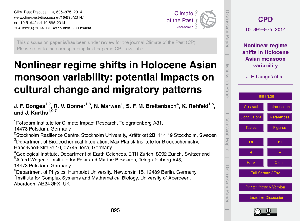 Nonlinear Regime Shifts in Holocene Asian Monsoon Variability