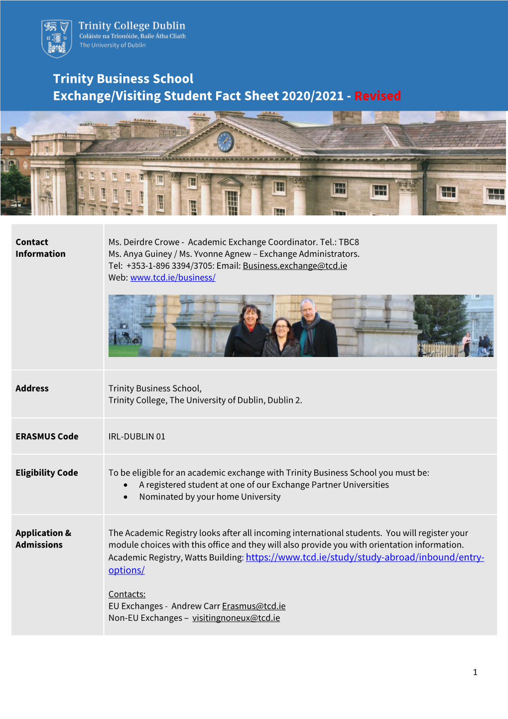 Trinity Business School Exchange/Visiting Student Fact Sheet 2020/2021 - Revised