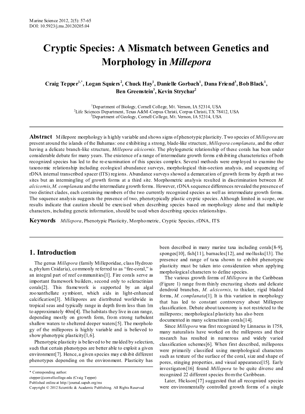 &lt;I&gt;Millepora&lt;/I&gt;, Phenotypic Plasticity, Morphometric, Cryptic Species, Rdna