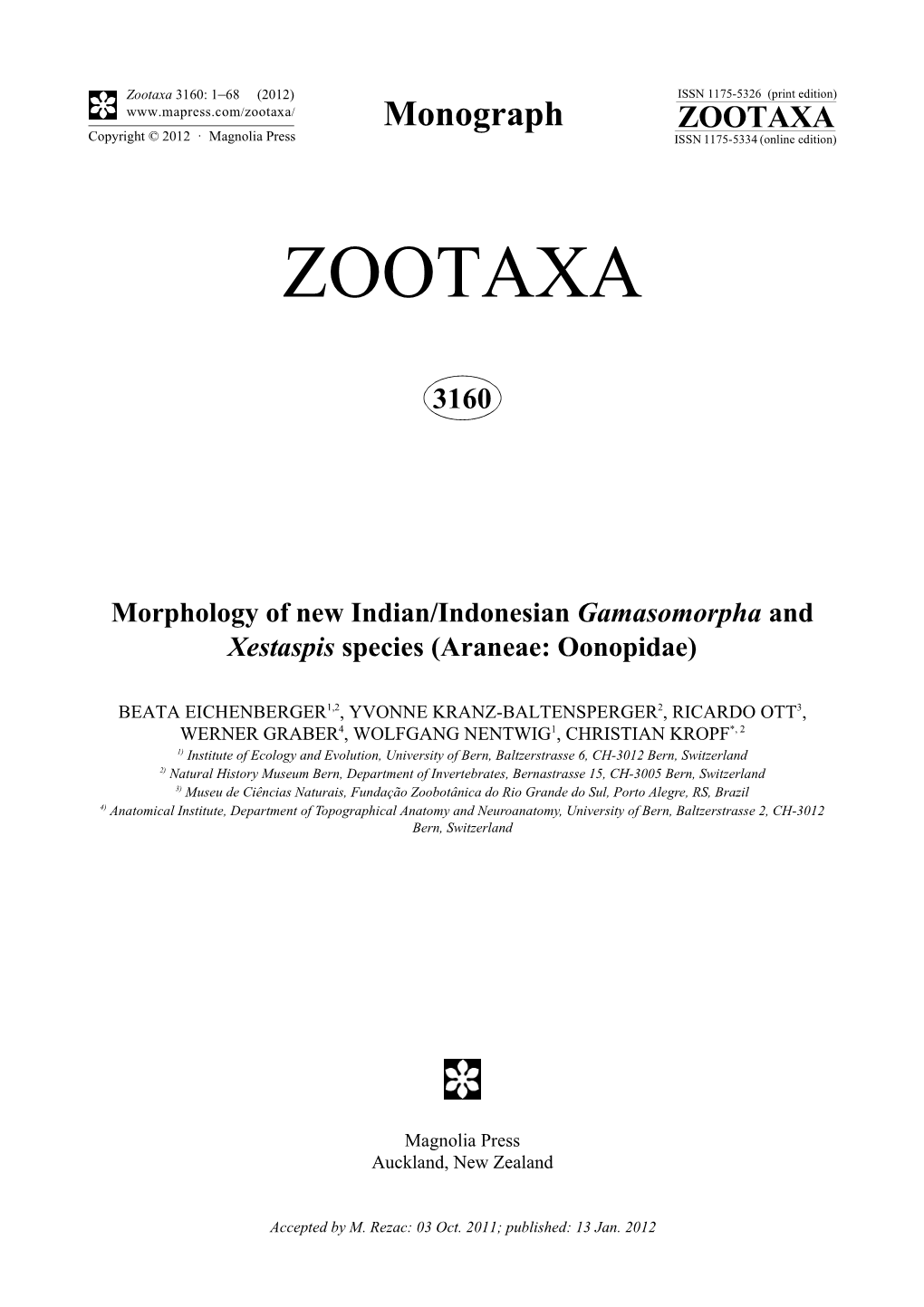 Morphology of New Indian/Indonesian Gamasomorpha and Xestaspis Species (Araneae: Oonopidae)