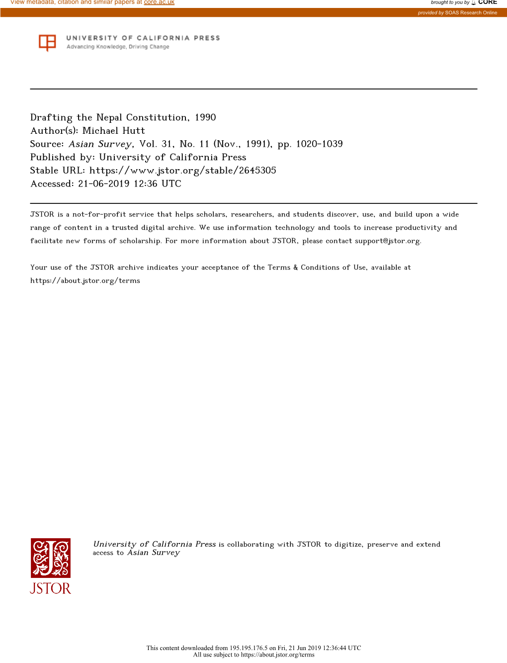 Drafting the Nepal Constitution, 1990 Author(S): Michael Hutt Source: Asian Survey, Vol