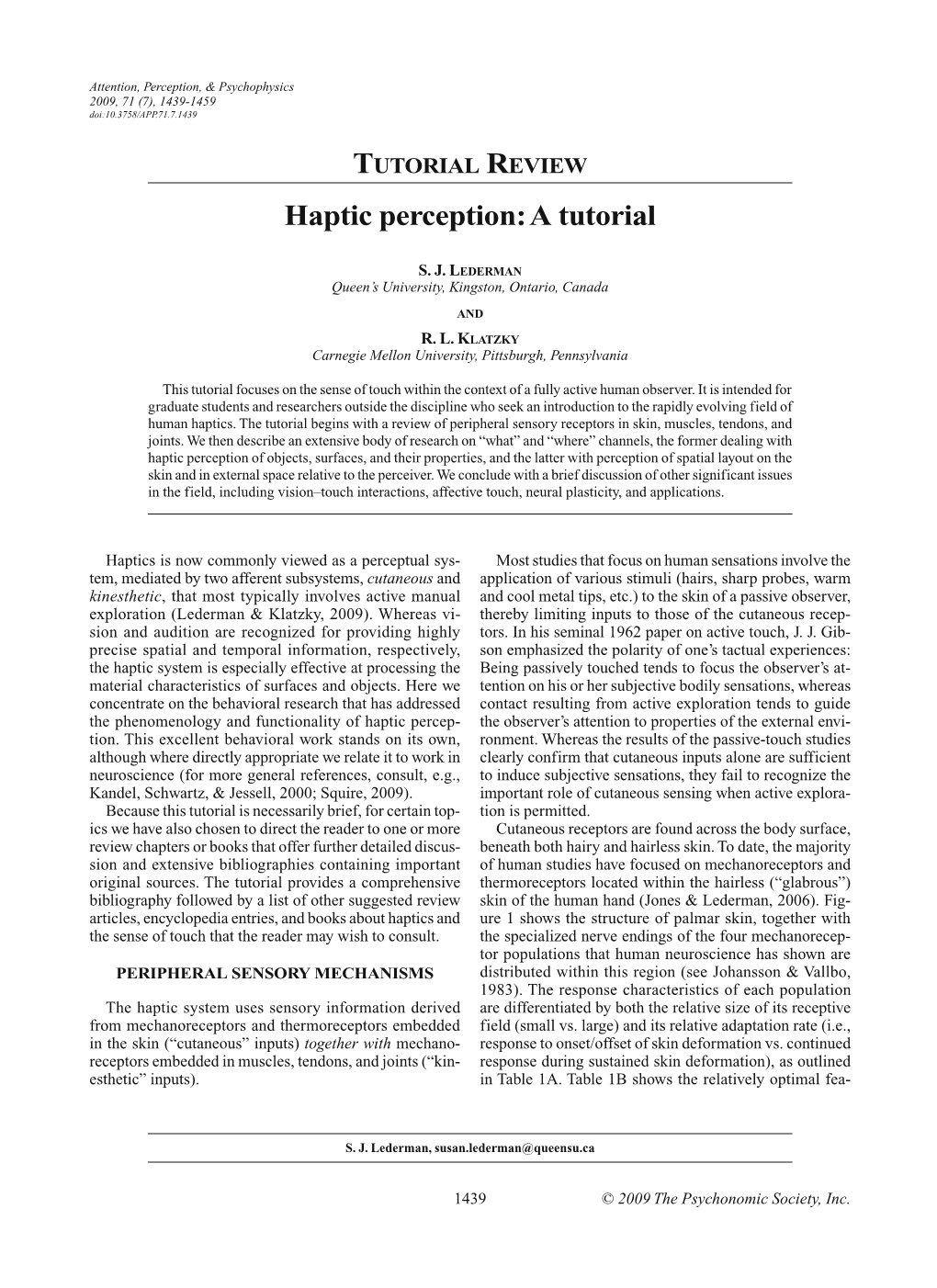 Haptic Perception: a Tutorial