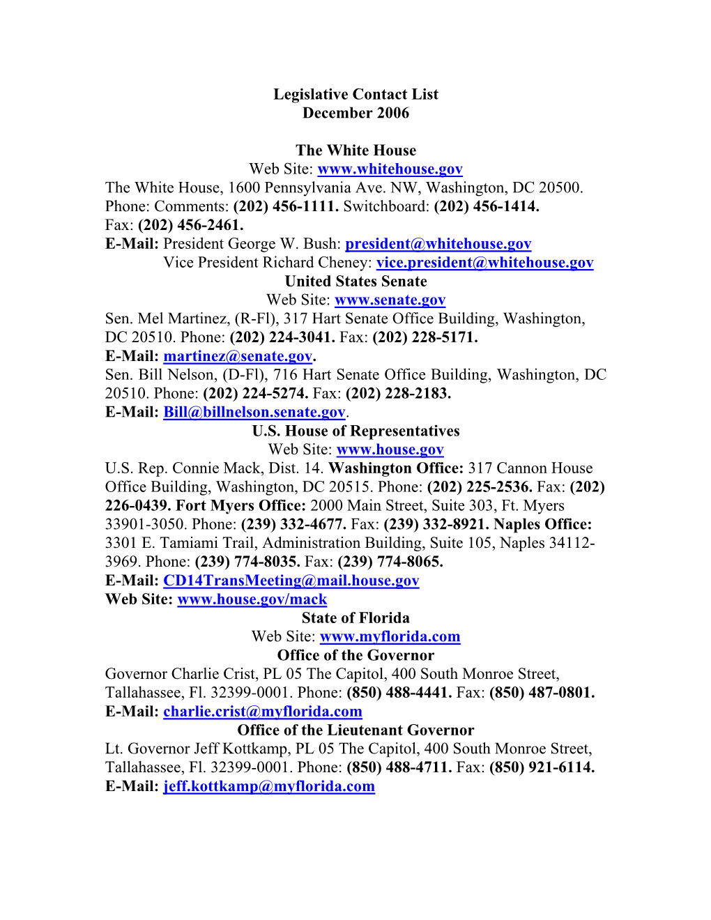 Legislative Contact List December 2006