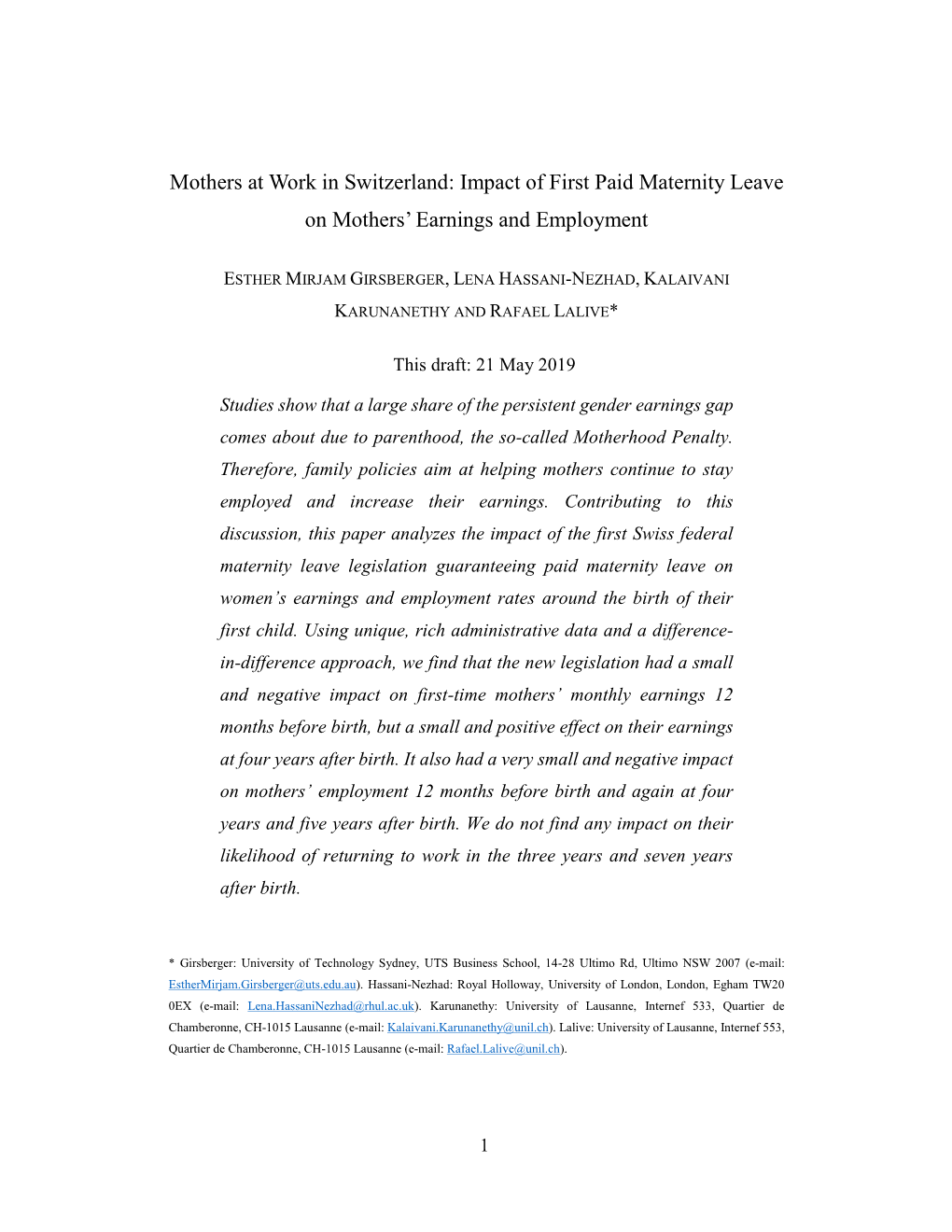 Mothers at Work in Switzerland: Impact of First Paid Maternity Leave on Mothers’ Earnings and Employment