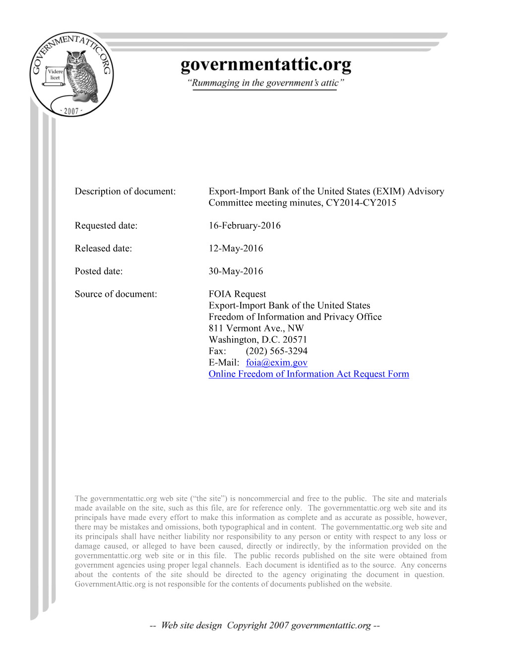 Export-Import Bank of the United States (EXIM) Advisory Committee Meeting Minutes, CY2014-CY2015