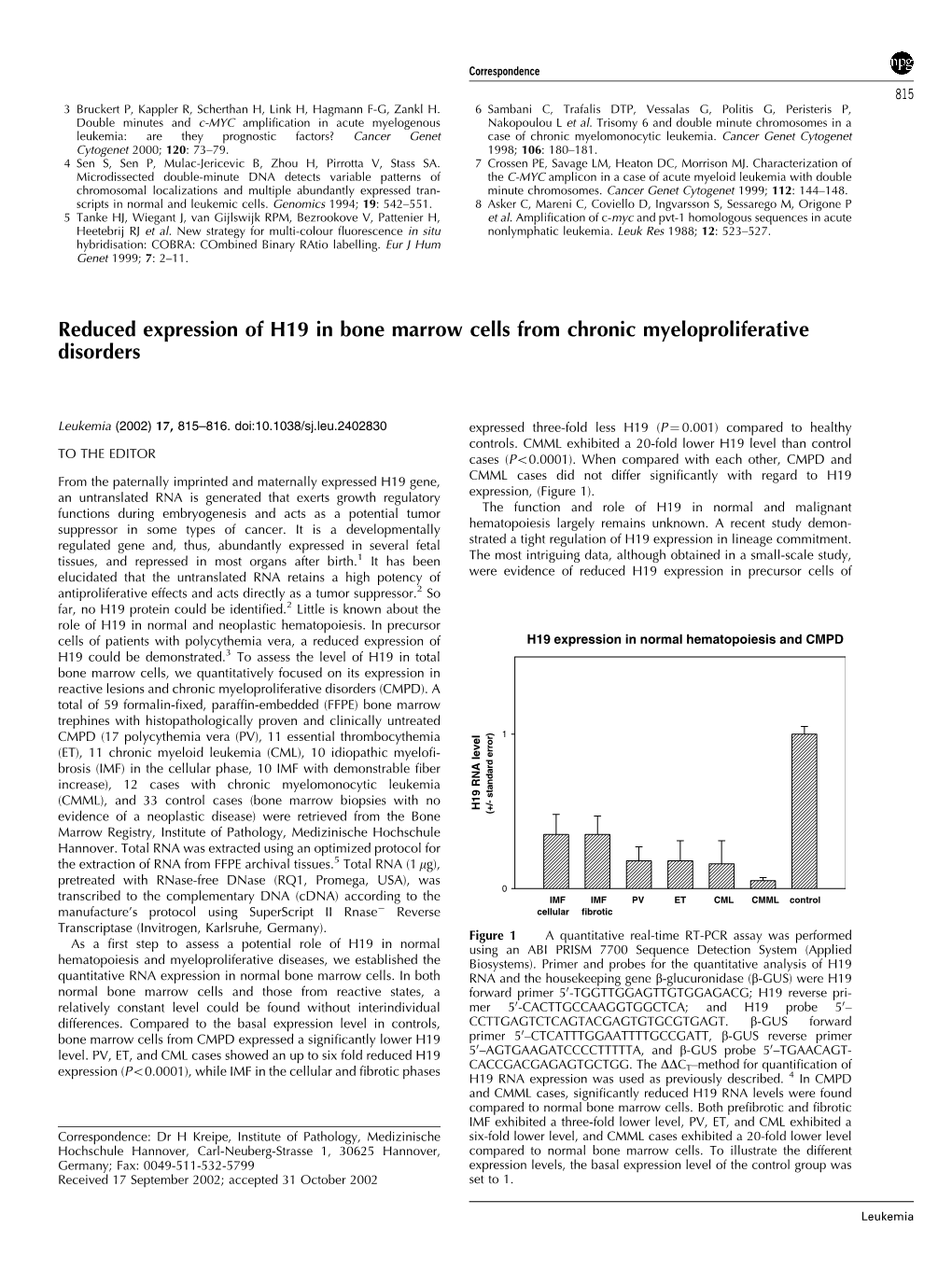 Reduced Expression of H19 in Bone Marrow Cells from Chronic Myeloproliferative Disorders