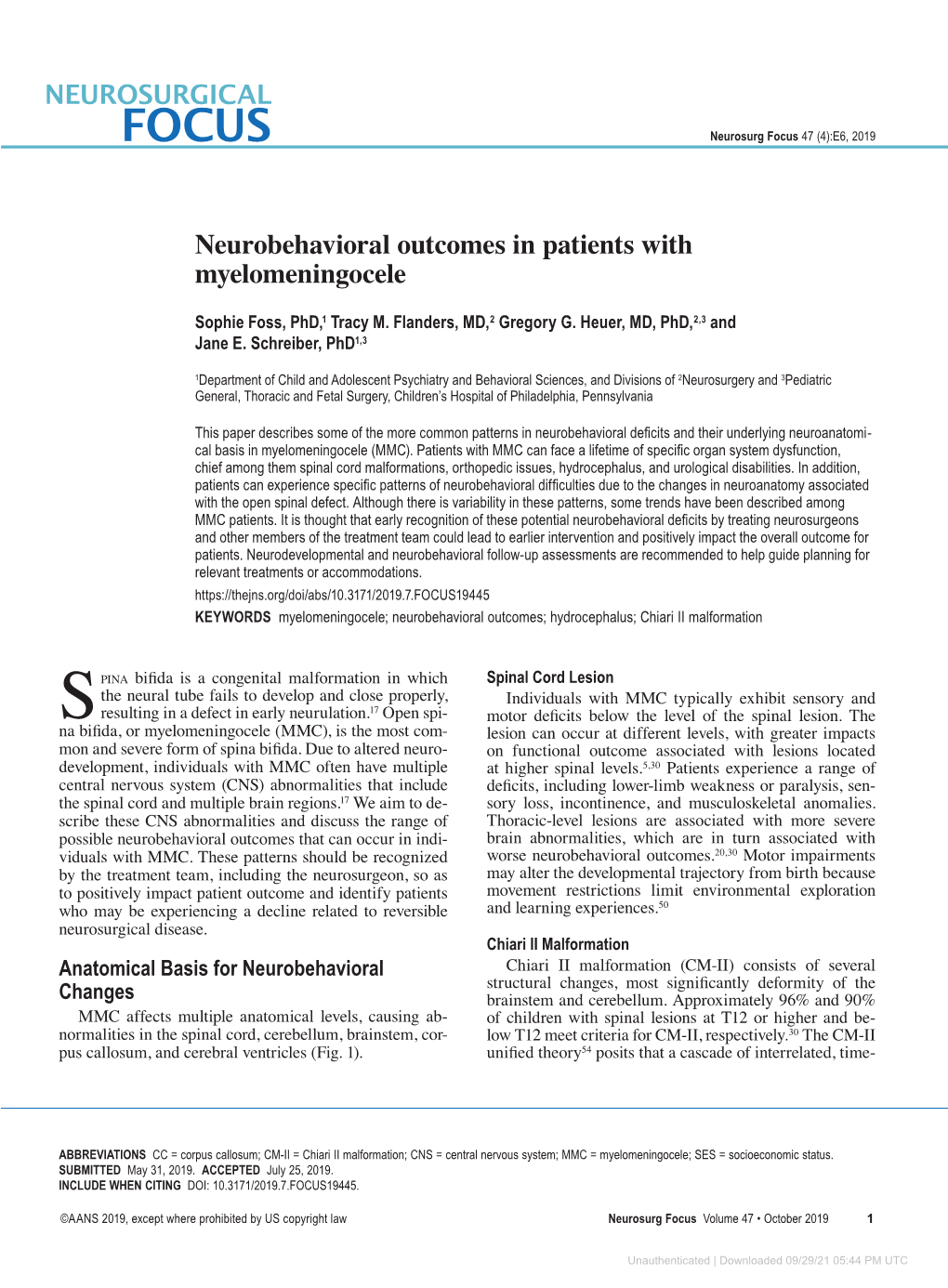 Neurobehavioral Outcomes in Patients with Myelomeningocele
