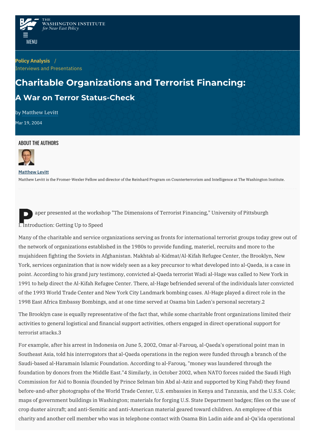 Charitable Organizations and Terrorist Financing: a War on Terror Status-Check by Matthew Levitt