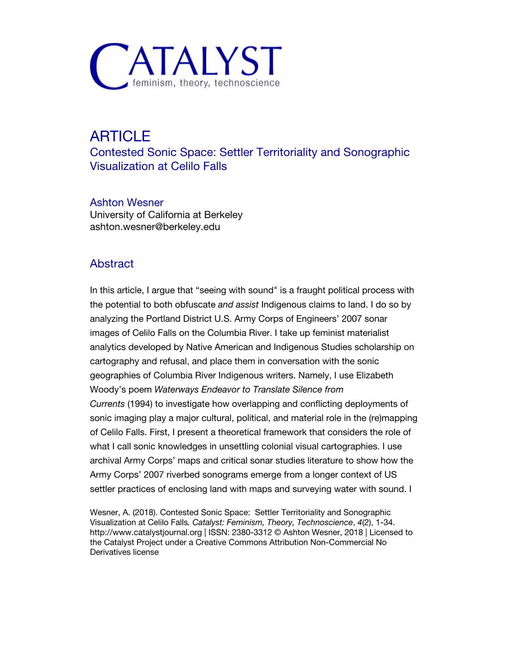 ARTICLE Contested Sonic Space: Settler Territoriality and Sonographic Visualization at Celilo Falls