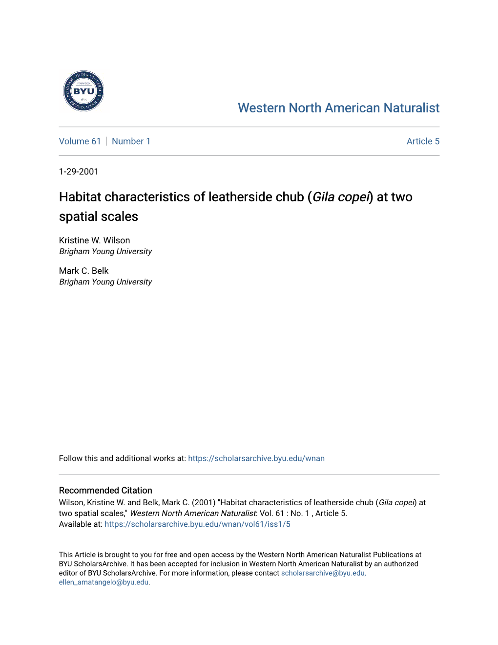 Habitat Characteristics of Leatherside Chub (Gila Copei) at Two Spatial Scales