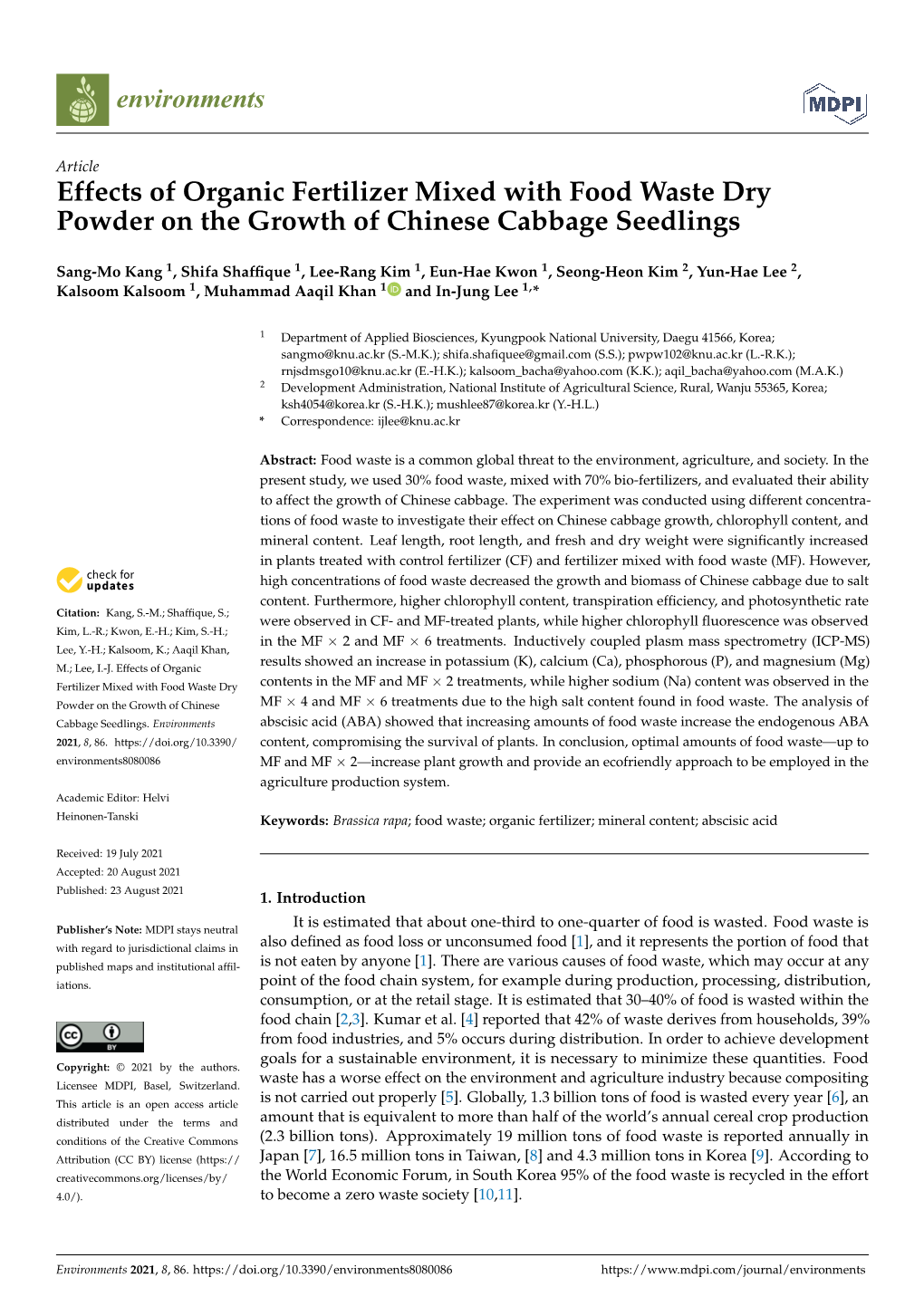 Effects of Organic Fertilizer Mixed with Food Waste Dry Powder on the Growth of Chinese Cabbage Seedlings