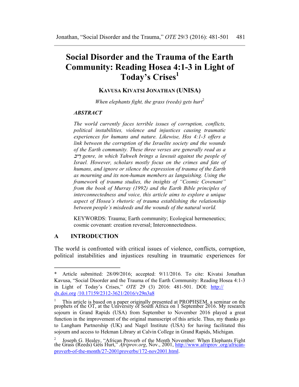 Social Disorder and the Trauma of the Earth Community: Reading Hosea 4:1-3 in Light of Today’S Crises1
