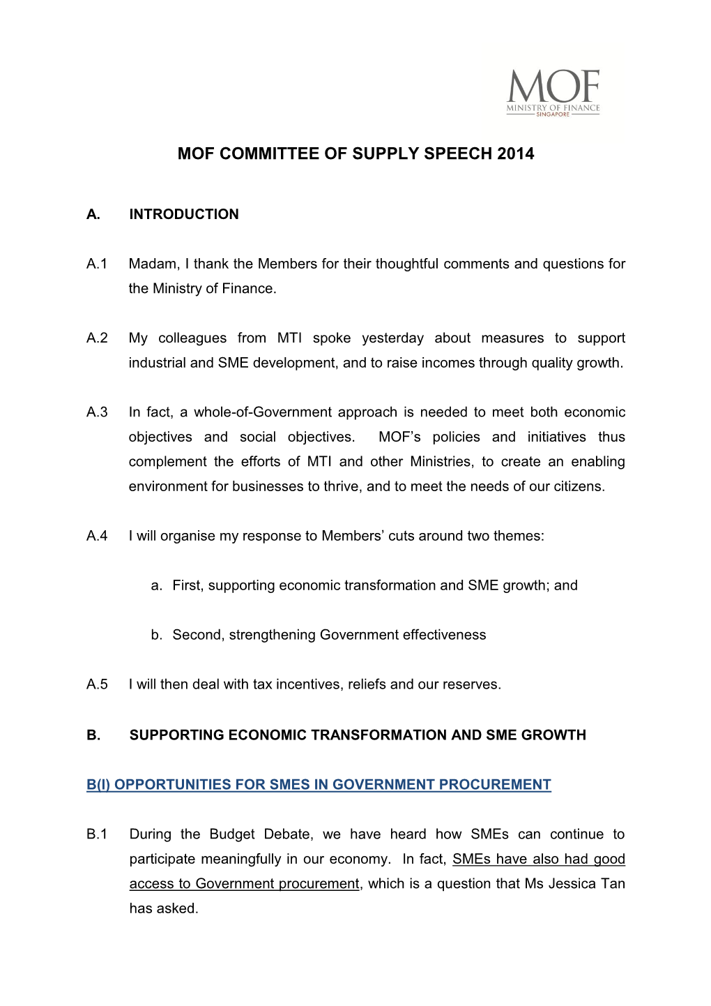 Mof Committee of Supply Speech 2014