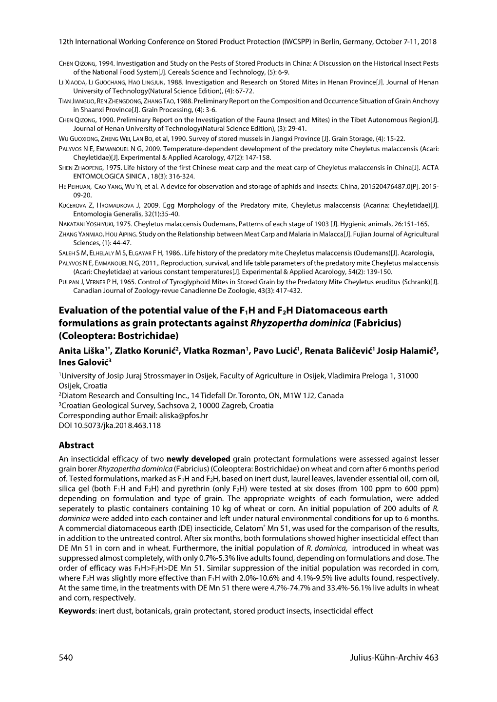 Evaluation of the Potential Value of the F1H and F2H Diatomaceous Earth