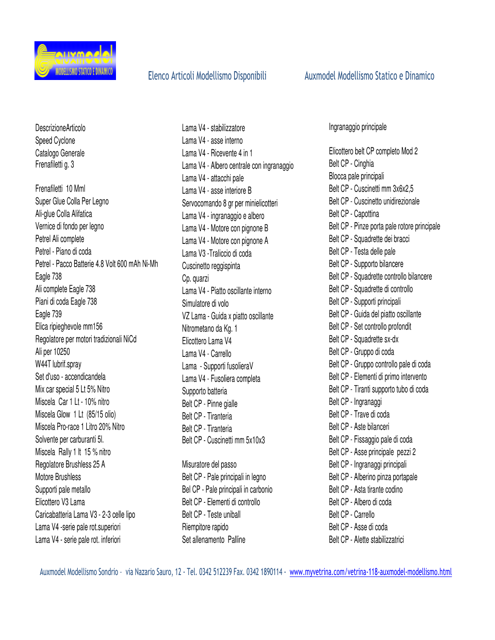 Elenco Articoli Modellismo Disponibili Auxmodel Modellismo Statico E Dinamico