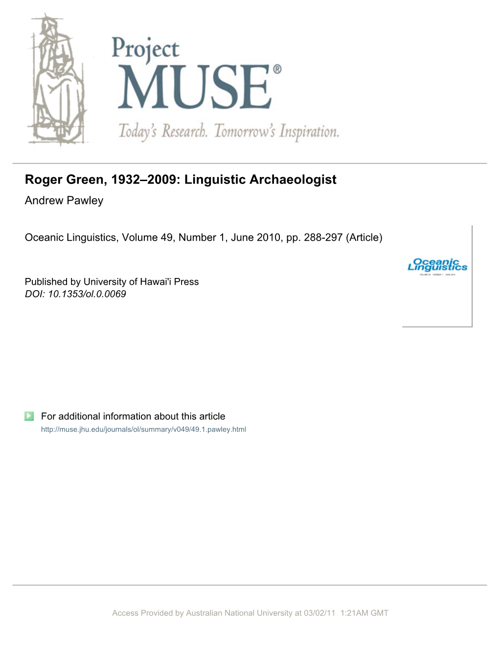 Roger Green, 1932–2009: Linguistic Archaeologist Andrew Pawley
