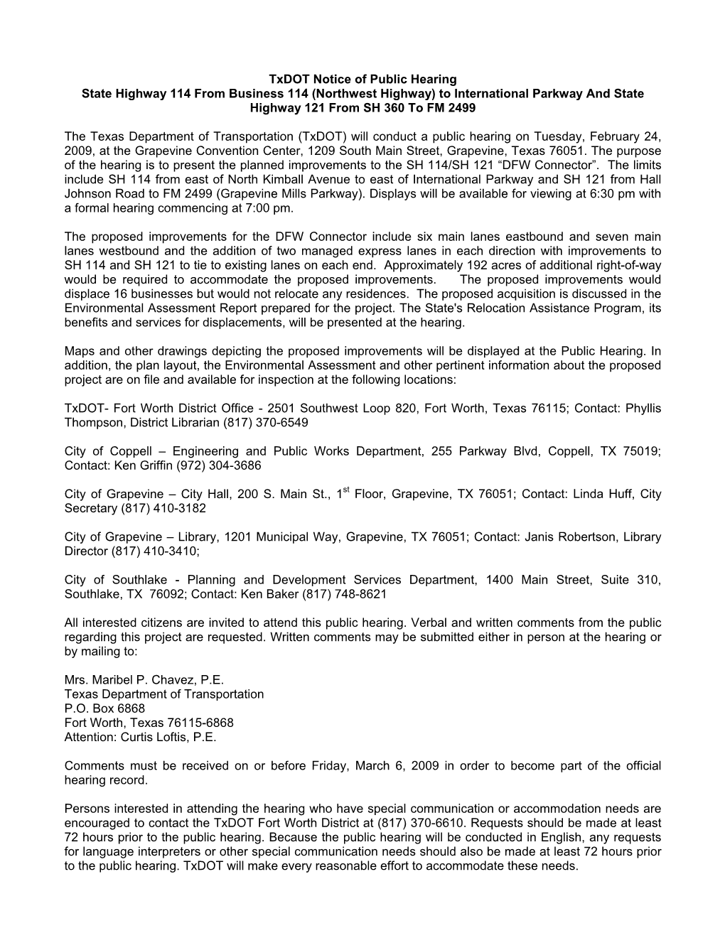 Txdot Notice of Public Hearing State Highway 114 from Business 114 (Northwest Highway) to International Parkway and State Highway 121 from SH 360 to FM 2499