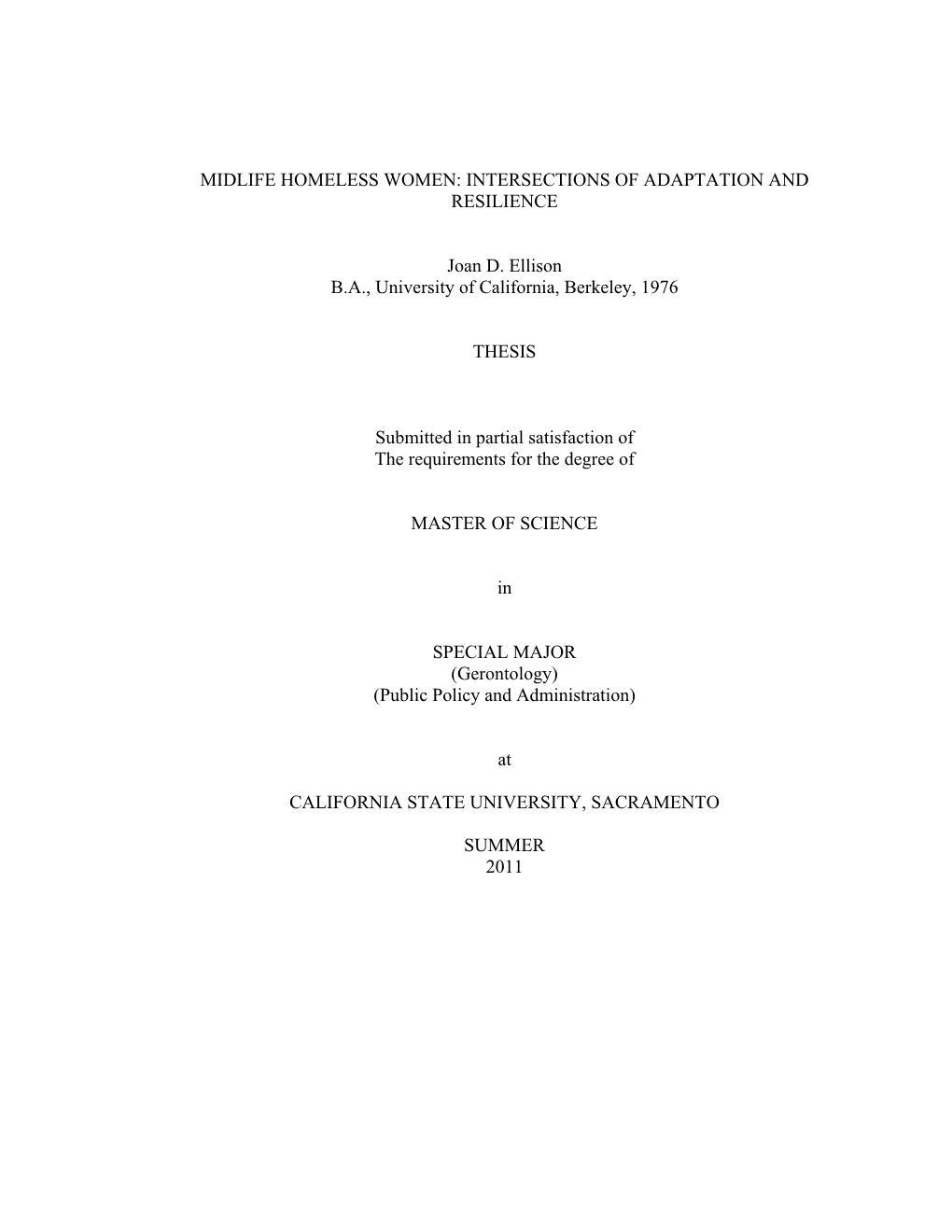 Midlife Homeless Women: Intersections of Adaptation and Resilience